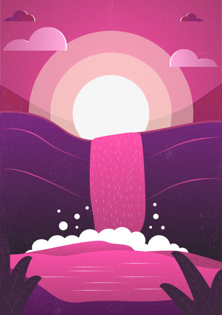 晚上的风景。月亮流入湖中。月亮背景上的瀑布。矢量图图片下载