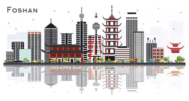 中国佛山城市天际线与灰色的建筑和反射孤立在白色。图片下载