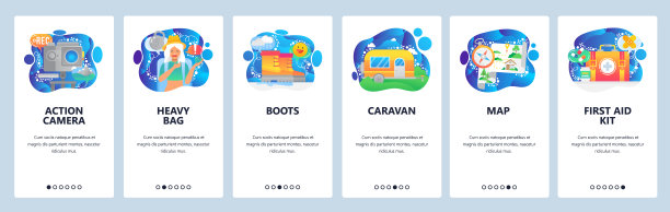 手机应用程序屏幕。女性旅行者沉重的背包，徒步旅行靴，相机，大篷车，地图，急救箱。矢量横幅模板的网站和移动发展。网站说明图片下载