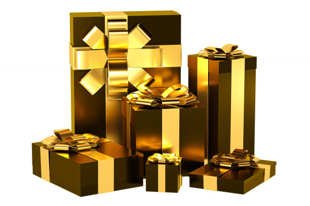金色礼盒与丝带隔离在白色背景，3D渲染图片下载