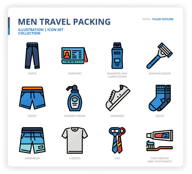 男人旅行包装图标集图片下载