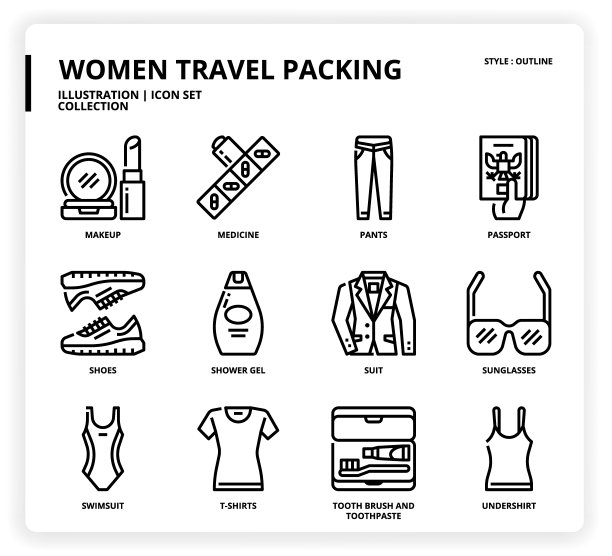 女性旅行包装图标集图片下载