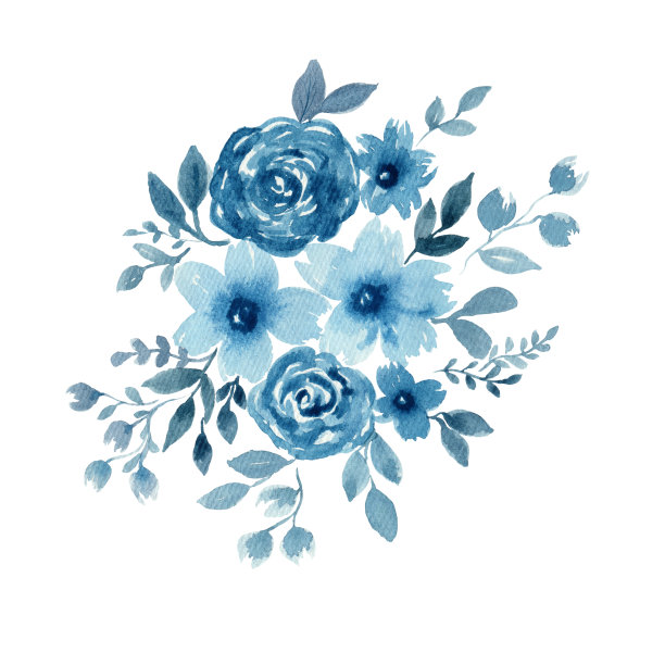 抽象的花背景与蓝色的花孤立在白色，水彩冬季花束图片下载