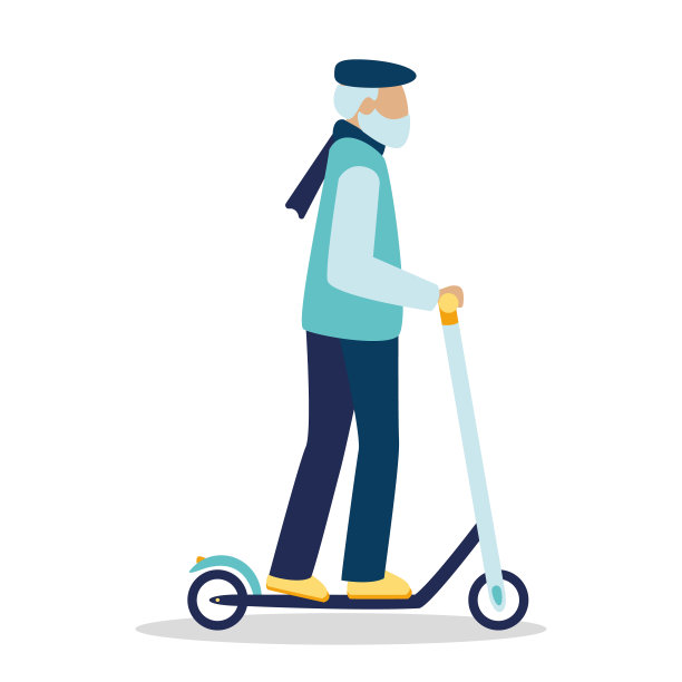 戴着围巾的老人骑着滑板车或电动车。 戴着帽子寻欢作乐的老人，过着积极生活方式的老人，户外的白发老人。矢量插图,孤立图片下载