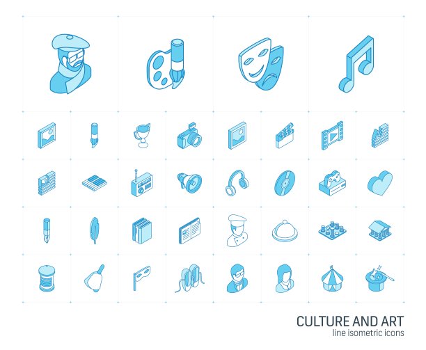 文化艺术等距线图标。三维向量图片下载