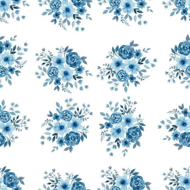单色蓝色花束无缝图案孤立在白色上，冬季花卉装饰图片下载