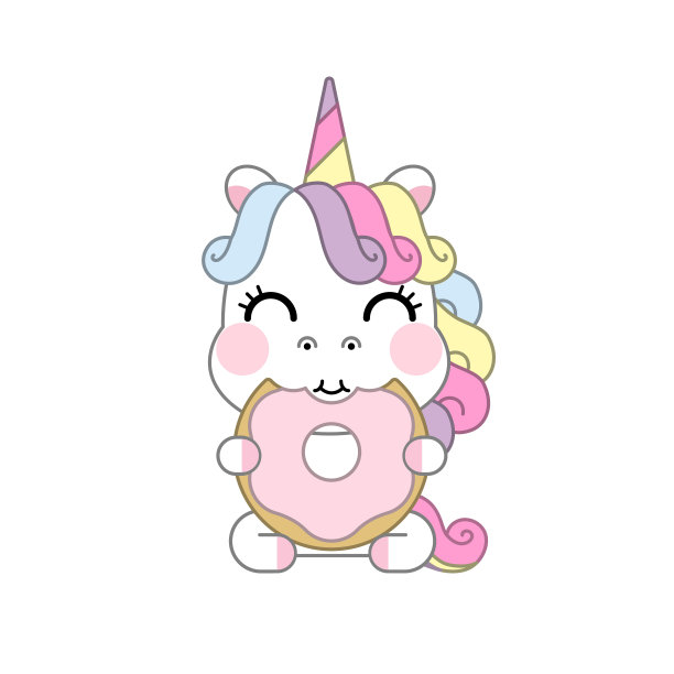 独角兽卡通与吃美味甜甜甜圈，婴儿动物，卡哇伊人物小马卡通，托儿所装饰，完美的儿童贺卡设计和打印的t恤图片下载
