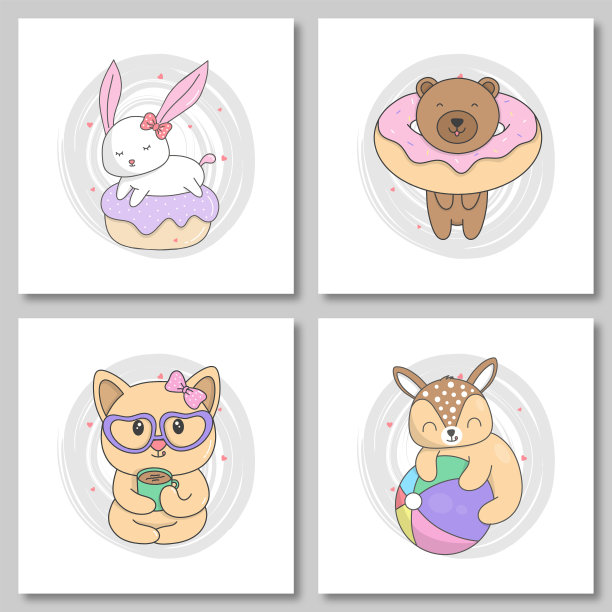 一套可爱的动物手绘风格。小兔子睡在甜甜圈上，熊宝宝吃甜甜圈，可爱的猫喝咖啡，小鹿玩球。矢量图图片下载