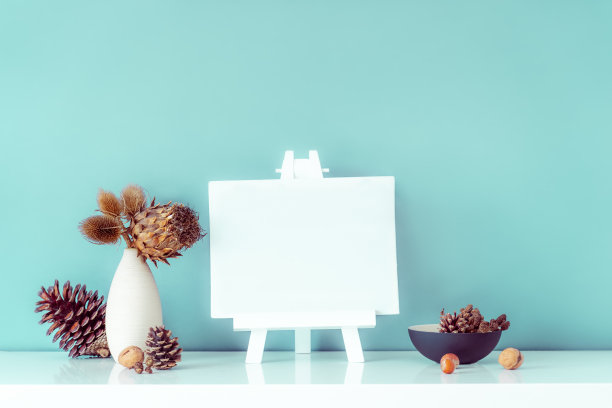 干花和刺在轻花瓶，松果和空空白画布上的组成，在绿松石墙的背景。生态、自然的家居室内装饰。简单的风格。极简主义。副本的空间。图片下载