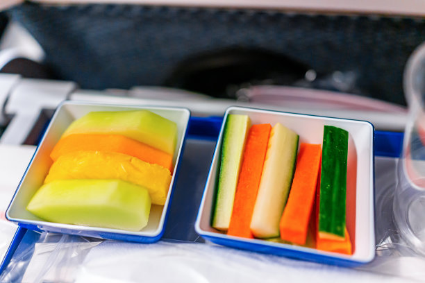 素食vgml飞机上的健康零食餐与甜点切片橙绿甜瓜水果和胡萝卜黄瓜条图片下载
