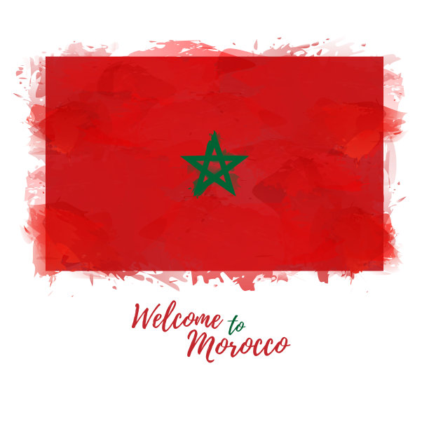 欢迎来到摩洛哥。摩洛哥国旗王国水彩画风格。摩洛哥符号和印刷设计。矢量图图片下载