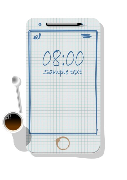 笔记本模型与笔，涂鸦和纸杯咖啡图片下载
