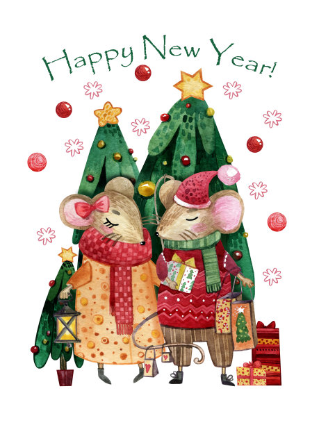 水彩画圣诞贺卡上有一对恋爱中的老鼠。图片下载