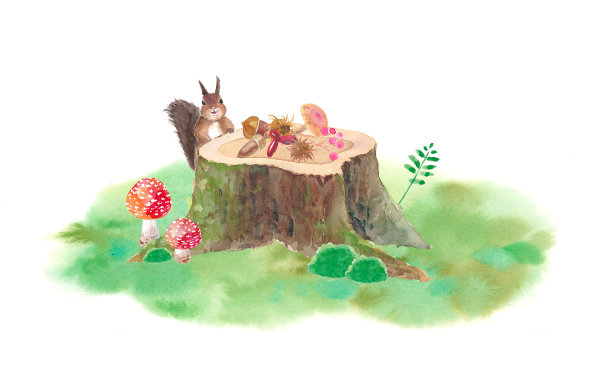 可爱的松鼠，蘑菇，坚果和苔藓在树桩上排列水彩画图片下载