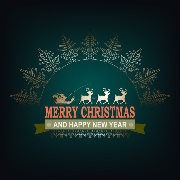 圣诞节以深绿色为插图，圣诞老人坐在鹿拉的雪橇上图片下载