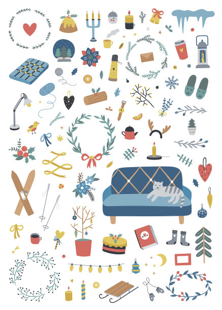 Hygge冬季插图在白色的背景。可爱的矢量圣诞元素，装饰，食物和室内物体图片下载
