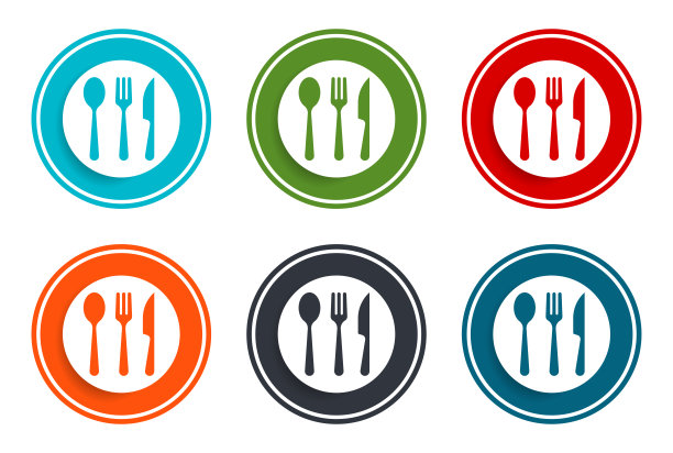 餐具图标平面矢量插图设计圆形按钮收集6个概念彩色框架简单的圆形设置图片下载