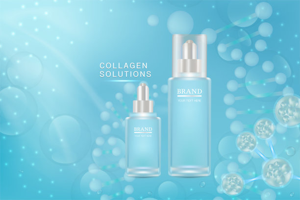 美容产品广告设计，蓝色化妆品容器与胶原蛋白溶液广告背景准备使用，奢侈护肤横幅，插图向量。图片下载