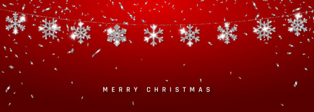 圣诞或新年银白色的雪花装饰花环在红色的背景。闪闪发光的雪花。矢量图图片下载