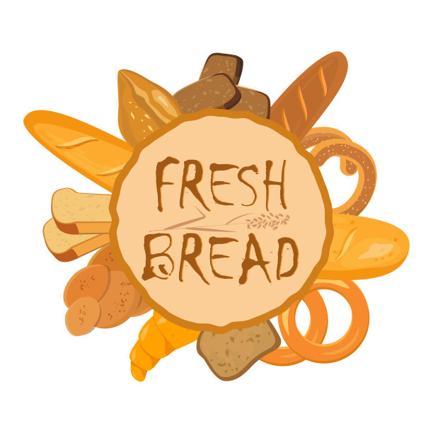 旗帜与烘焙产品。小麦，黑麦和全麦面包。椒盐卷饼和百吉饼，夏巴塔和松饼，牛角面包和法式长棍面包，长面包和烤面包。矢量插图。图片下载