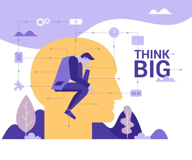 概念平面插图。商人在大脑袋里思考。认为大词。图片下载