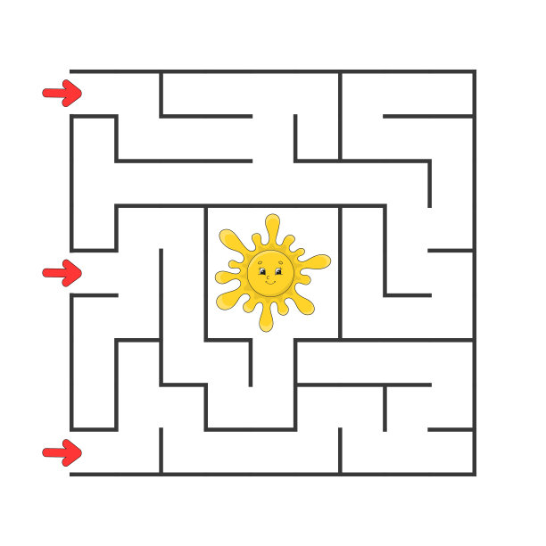有趣的方形迷宫。游戏对孩子。对儿童拼图。卡通风格。迷宫难题。颜色向量插图。找到正确的道路。逻辑思维和空间思维的发展。图片下载