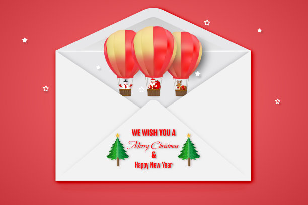 “圣诞快乐、新年快乐”的纸艺术和剪纸风格，以红色背景为圣诞元素作为节日概念。信封里有字。矢量插图EPS10。图片下载