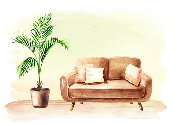 空的室内设计与复制空间。沙发和盆栽。水彩手绘插图，孤立的白色背景图片下载