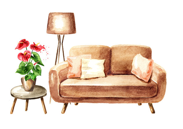 沙发、台灯和室内植物。甜蜜的家的概念。舒适的内部。水彩手绘插图，孤立的白色背景图片下载