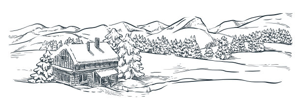 冬天雪山中的木屋。山脉，云杉，松树景观，矢量素描插图。图片下载