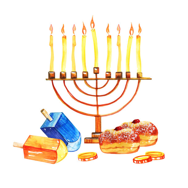 烛台、陀螺、甜甜圈和金色装饰的犹太光明节贺卡图片下载