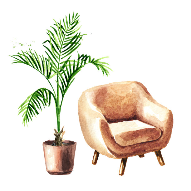 一把椅子和一株室内植物。甜蜜的家的概念。舒适的内部。水彩手绘插图，孤立的白色背景图片下载