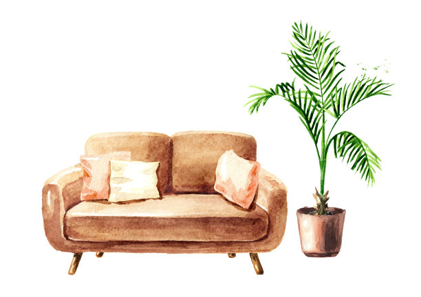 空的室内设计与复制空间。沙发和盆栽。水彩手绘插图孤立的白色背景图片下载