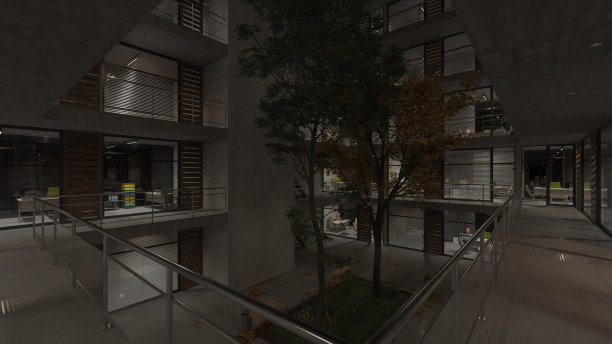 照明办公室房间在一个昏暗的建筑与一个室内花园图片下载