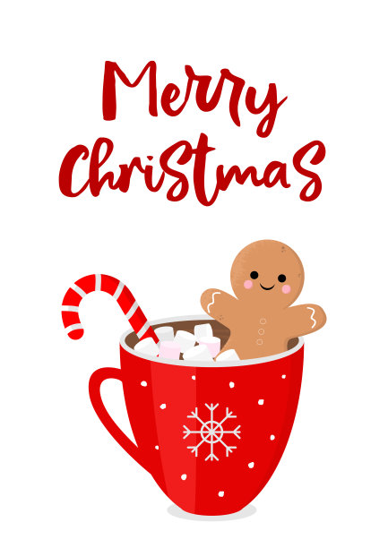 圣诞节向量卡。滑稽的姜饼人在红色可可杯和棉花糖图片下载