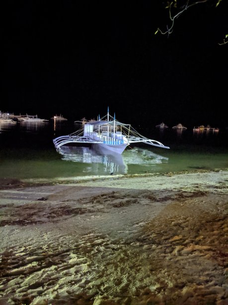 晚上，船只停泊在菲律宾保和岛阿罗那海滩的泻湖上。图片下载