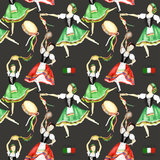 红绿民族服装意大利塔兰泰拉舞者无缝图案图片下载