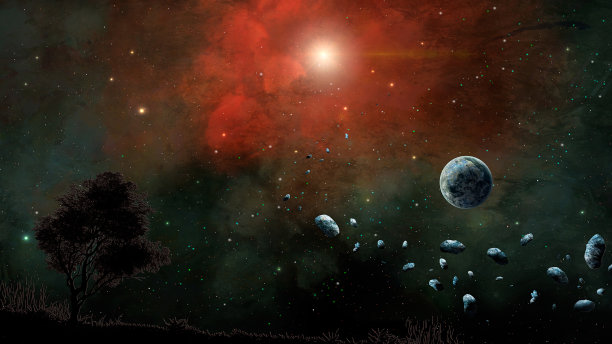 空间场景。红色和绿色的星云与行星，陆地和小行星。图片下载