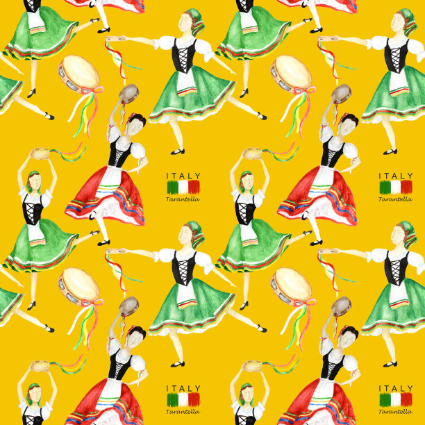 穿着红绿色民族服装跳意大利塔兰泰拉舞的舞者与铃鼓无缝图案图片下载