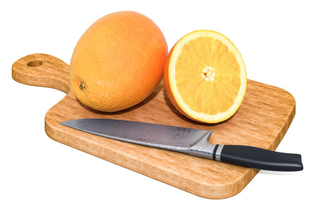 橙色躺在一块木板上，旁边是一把刀，在白色的背景上独立的3D渲染图片下载