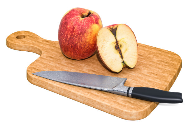 苹果躺在木板上，旁边是一把刀，白色背景上的3D渲染孤立图片下载