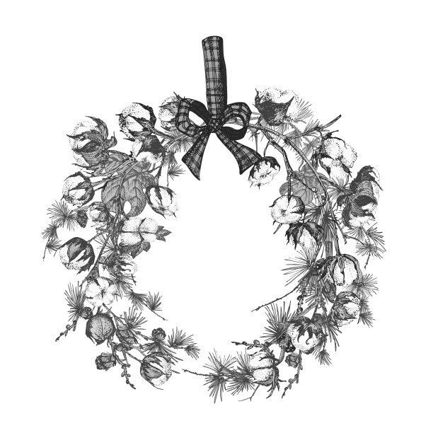 手绘植物素描花环与圣诞植物复古雕刻黑白风格插图传统节日装饰。素材图片