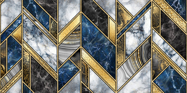 无缝抽象背景，现代大理石马赛克，艺术装饰墙纸，人造石材纹理，蓝色金色大理石瓷砖，几何时尚大理石插图图片下载
