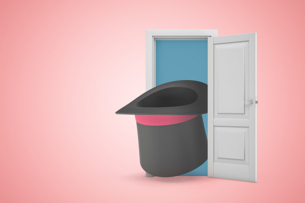 一个白色开放的门口与黑色大礼帽在浅粉色的背景的3d渲染图片下载