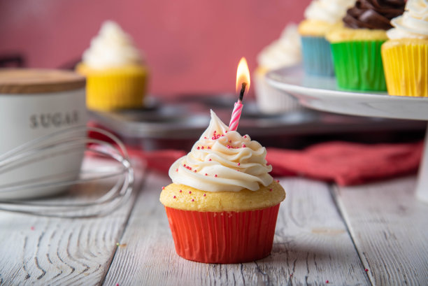 纸杯装在彩色纸杯里，上面插着生日蜡烛图片下载