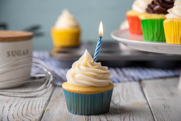 纸杯装在彩色纸杯里，上面插着生日蜡烛图片下载