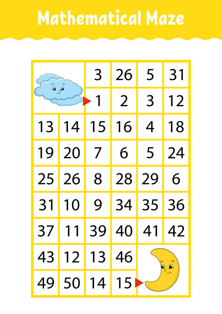 数学迷宫。游戏对孩子。数字迷宫。教育发展工作表。活动页面。对儿童拼图。卡通人物。幼儿园的谜语。颜色矢量图图片下载