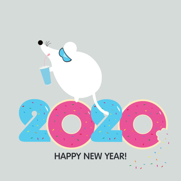 带着鸡尾酒的可爱卡通老鼠和甜甜圈上的数字2020。戴眼镜的酷老鼠。新年快乐，圣诞快乐。2020鼠年。节日贺卡。动物的生肖。平面向量。图片下载
