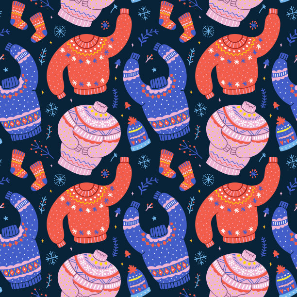 无缝矢量图案用彩色毛衣装饰，圣诞装饰用各种丑陋的毛衣。可爱的手绘卡通风格。图片下载