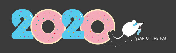 数字2020，从甜甜圈与釉。可爱的卡通老鼠或老鼠与鸡尾酒墨镜在黑暗的背景。新年好，圣诞好。2020鼠年。节日贺卡。宽屏格式。图片下载